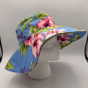 Jantzen Tropical Floral Floppy Sun Hat – Blue Hawaiian Print – Wide Brim Cotton